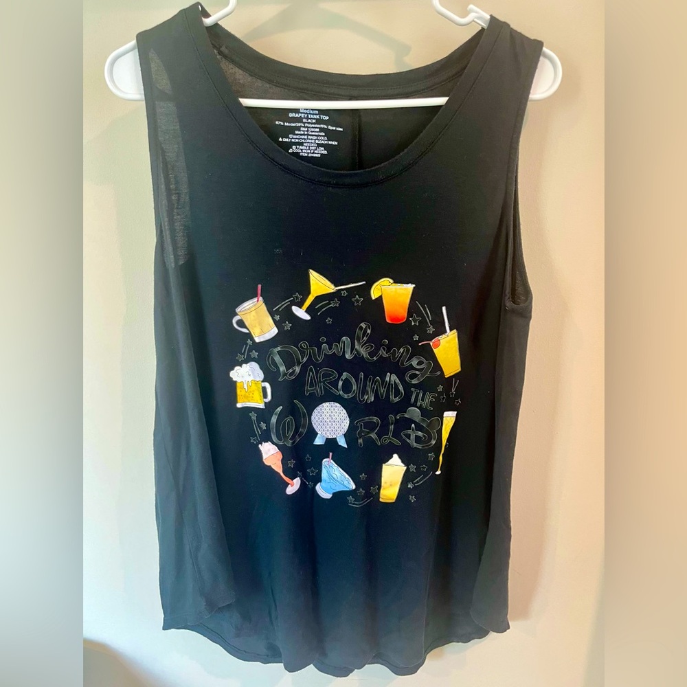 Disney Epcot Drinking Around The World Women’s Black Flowy Tank Top Size Medium